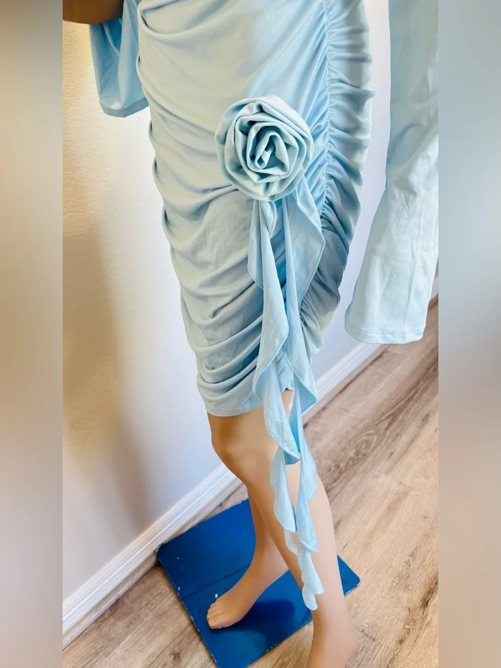 SHEIN Baby Blue One-Shoulder Ruched Mini Dress with Rosette Ruffle NWT - Picture 10 of 16
